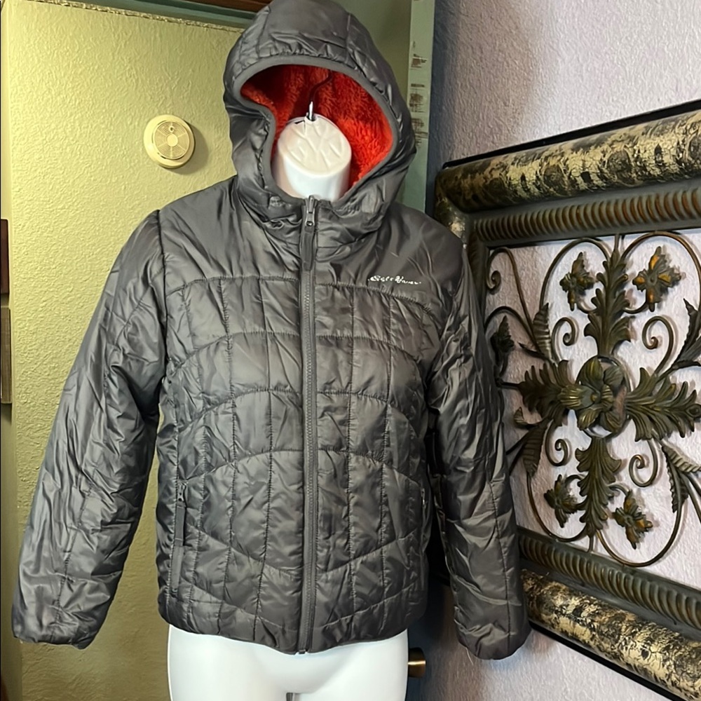 Eddie Bauer Boys Jacket Gray Puffer to Orange Fleece reversible Hooded Sz S/M